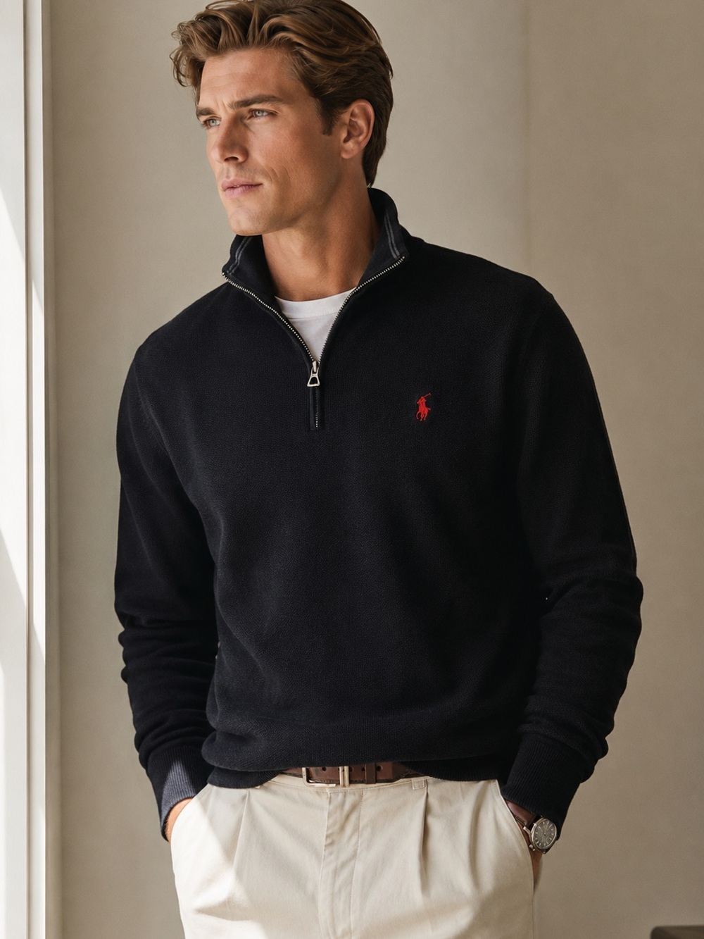 Polo Ralph Lauren Black 1/4 Zip Cotton Sweater Pony Logo Men’s Large